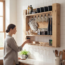 Lade das Bild in den Galerie-Viewer, Küchenregal aus massivem Holz - Farbe: Natur - Vintage Wandregal für Gewürze, Gläser und Tassen
