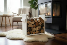 Lade das Bild in den Galerie-Viewer, Kaminholzregal, Ständer für Kaminholz Kaminholzständer Kaminholzablage vintage shabby aus Holz fertig montiert (Weiß)