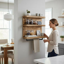 Lade das Bild in den Galerie-Viewer, Badregal aus Massivholz mit Industrial Handtuchhalter – Wandregal Kiefer geflammt – Badezimmer Regal Handarbeit – Küchenregal
