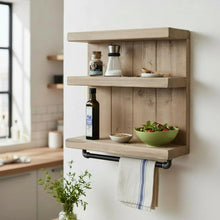 Lade das Bild in den Galerie-Viewer, Badregal aus Massivholz mit Industrial Handtuchhalter – Wandregal Kiefer Braun– Badezimmer Regal Handarbeit – Küchenregal