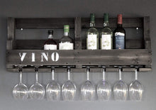 Lade das Bild in den Galerie-Viewer, Weinregal aus Holz in Schwarz mit Gläserhalter und VINO Schriftzug