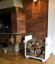 Lade das Bild in den Galerie-Viewer, Kaminholzregal, Ständer für Kaminholz Kaminholzständer Kaminholzablage vintage shabby aus Holz fertig montiert (Weiß)