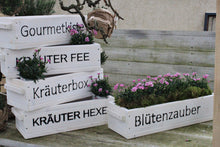 Lade das Bild in den Galerie-Viewer, Blumenkasten " Das Original von Dekorie " aus Holz mit Schriftzug und Holz Griffen 50 - 90 cm breit / 19,5 cm tief / in Weiß