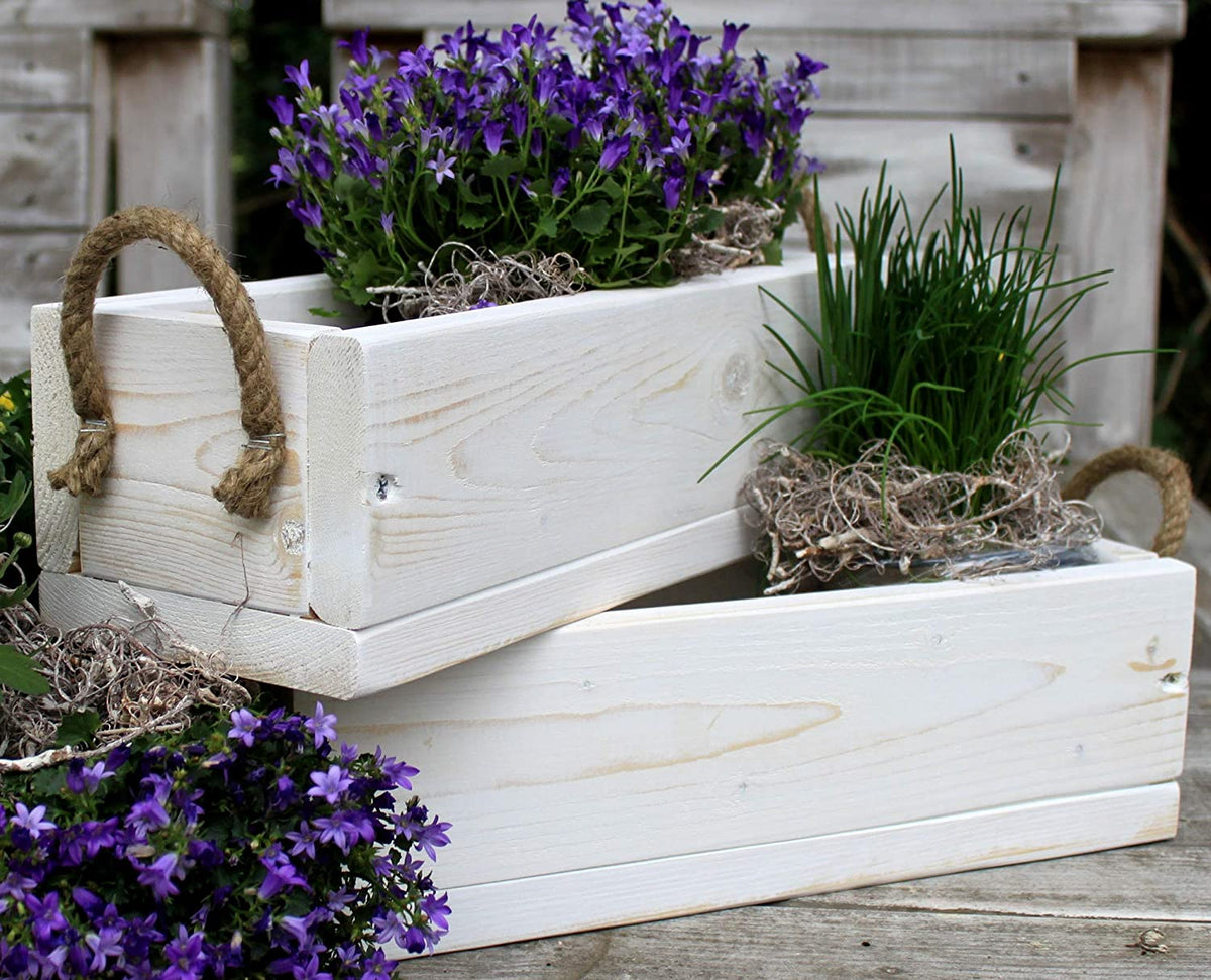 Blumenkasten aus massivem Holz in Weiß mit Leinen Griffen – Dekorie GmbH