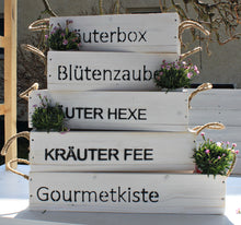 Lade das Bild in den Galerie-Viewer, Blumenkasten " Das Original von Dekorie " aus Holz mit Schriftzug und Leinen Griffen 50 - 90 cm breit / 19,5 cm tief / in Weiß