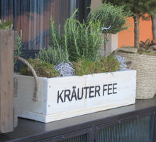 Lade das Bild in den Galerie-Viewer, Blumenkasten " Das Original von Dekorie " aus Holz mit Schriftzug und Leinen Griffen 50 - 90 cm breit / 19,5 cm tief / in Weiß