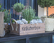 Lade das Bild in den Galerie-Viewer, Blumenkasten " Das Original von Dekorie " aus Holz mit Schriftzug und Leinen Griffen 50 - 90 cm breit / 19,5 cm tief / in Braun