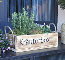 Lade das Bild in den Galerie-Viewer, Blumenkasten " Das Original von Dekorie " aus Holz mit Schriftzug und Leinen Griffen 50 - 90 cm breit / 19,5 cm tief / in geflammt