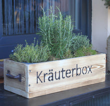 Lade das Bild in den Galerie-Viewer, Blumenkasten " Das Original von Dekorie " aus Holz mit Schriftzug und Eisen Griffen 50 - 90 cm breit / 19,5 cm tief / in Geflammt