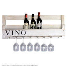 Lade das Bild in den Galerie-Viewer, Weinregal aus Holz mit Gläserhalter und VINO Schriftzug Weiß