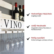 Lade das Bild in den Galerie-Viewer, Weinregal aus Holz mit Gläserhalter und VINO Schriftzug Weiß