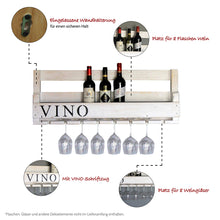 Lade das Bild in den Galerie-Viewer, Weinregal aus Holz mit Gläserhalter und VINO Schriftzug Weiß