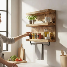 Lade das Bild in den Galerie-Viewer, Badregal aus Massivholz mit Industrial Handtuchhalter – Wandregal Kiefer geflammt – Badezimmer Regal Handarbeit – Küchenregal
