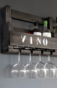 Weinregal aus Holz in Schwarz mit Gläserhalter und VINO Schriftzug