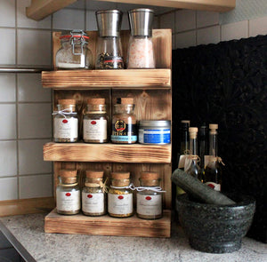 Gewürzregal aus Holz Geflammt – 3 Stellflächen Wand & Stand