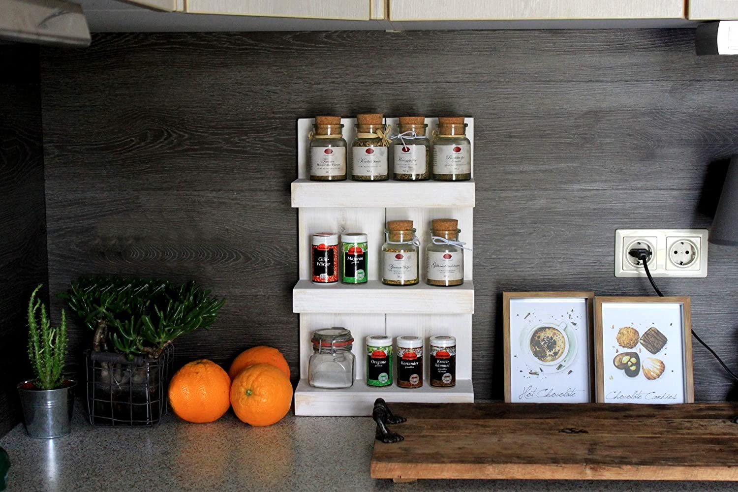 Gewürzregal aus Holz Vintage Weiß – 3 Stellflächen Wand & Stand