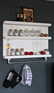 Küchenregal aus massivem Holz - Farbe: Weiß Vintage Gewürzregal für die Wand inklusive einer Aufhängung für Töpfe