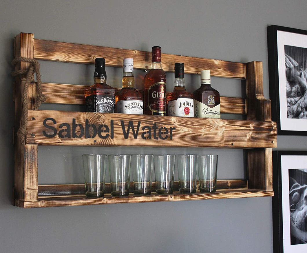Holz Whiskey Regal mit Gläserhalter mit Druck geflammt Sabbel Water