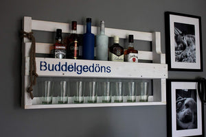 Whiskey Regal mit Gläserhalter mit Druck (Weiß(gebeizt)) (Buddel Gedöns (weiß))