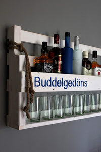Whiskey Regal mit Gläserhalter mit Druck (Weiß(gebeizt)) (Buddel Gedöns (weiß))