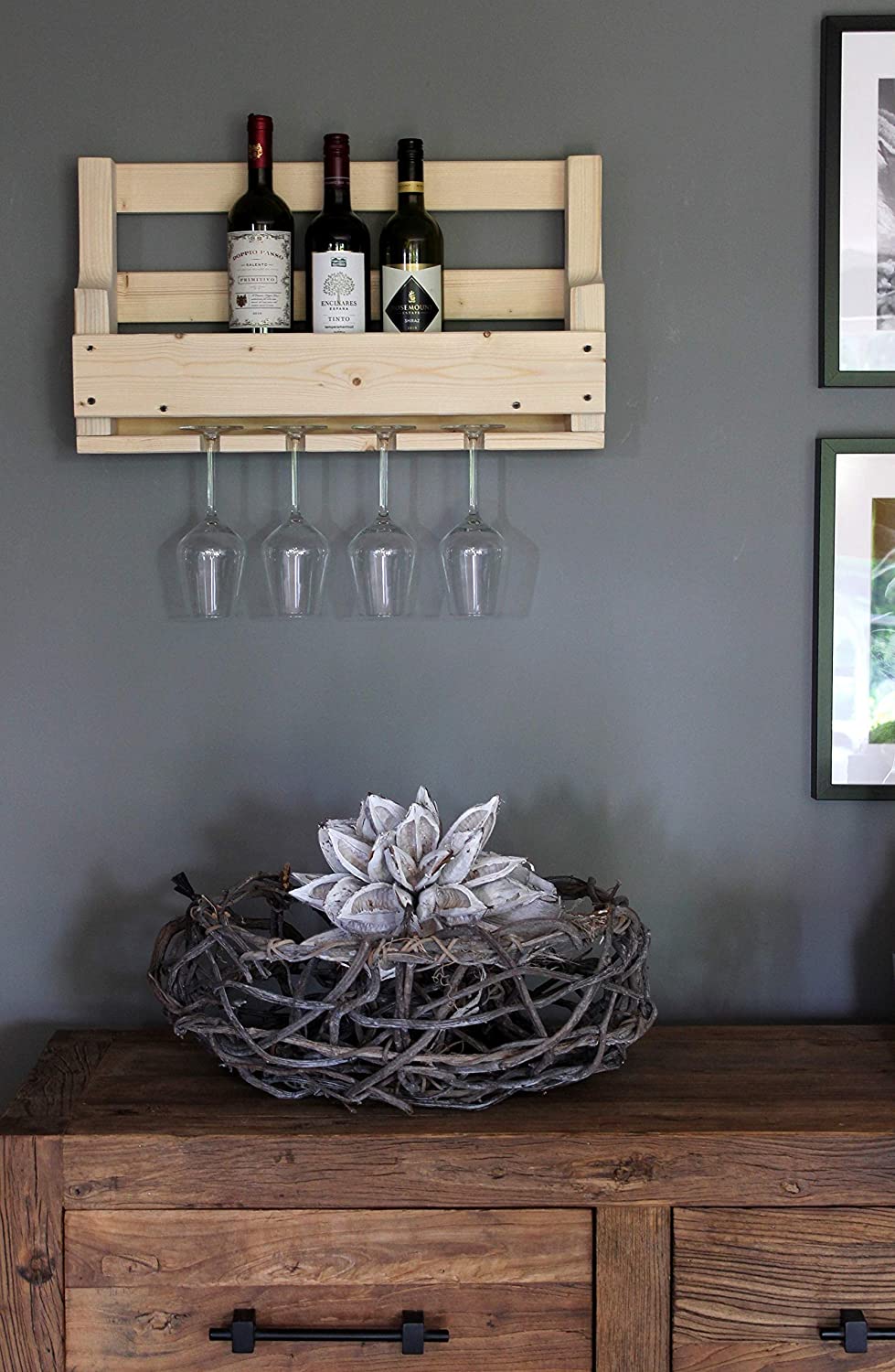 Weinregal aus Holz Natur mit Gläserhalter – Wandmontage