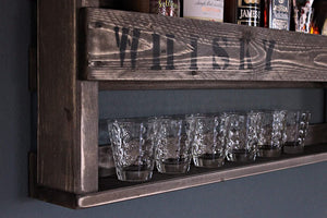 Whisky Regal aus Holz mit Gläserhalter und WHISKY Schriftzug Braun