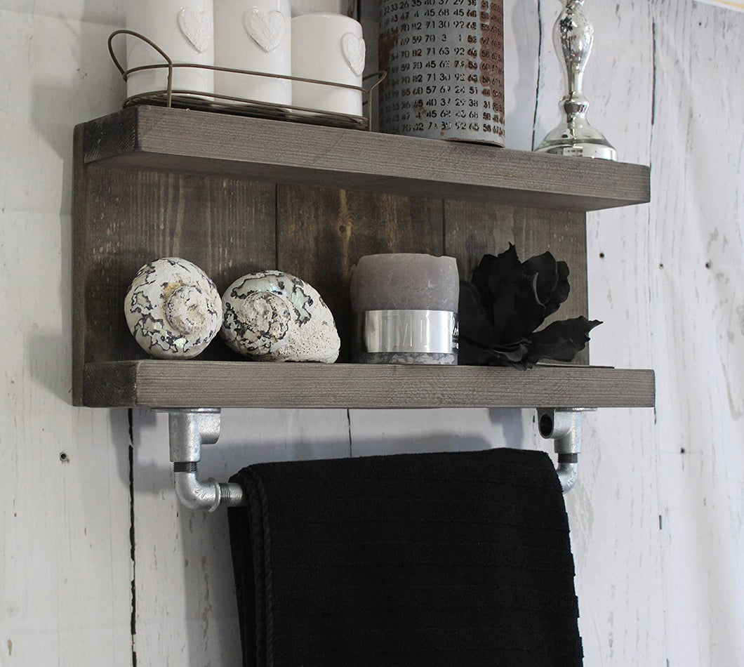 Badregal aus Holz - Farbe: Braun  Vintage Badezimmer Regal für die Wand inklusive Aufhängung für Handtücher