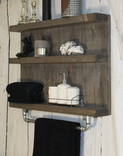 Lade das Bild in den Galerie-Viewer, Badregal aus Holz - Farbe: Braun - Vintage Badezimmer Regal für die Wand inklusive Aufhängung für Handtücher
