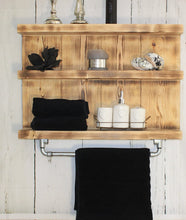 Lade das Bild in den Galerie-Viewer, Badregal aus Holz - Geflammt - Vintage Badezimmer Regal für die Wand inklusive Aufhängung für Handtücher
