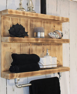 Badregal aus Holz - Geflammt - Vintage Badezimmer Regal für die Wand inklusive Aufhängung für Handtücher