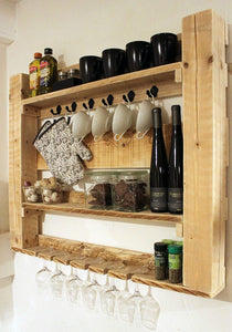 Küchenregal aus massivem Holz - Farbe: Natur - Maße (HxBxT): 80 x 95 x 12 - Vintage Wandregal für Gewürze, Gläser und Tassen