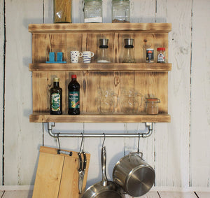 Küchenregal aus massivem Holz - Geflammt - Vintage Gewürzregal für die Wand inklusive einer Aufhängung für Töpfe