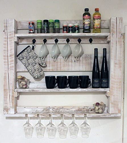 Küchenregal aus massivem Holz - Weiß Vintage Wandregal für Gewürze, Gläser und Tassen
