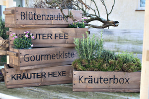 Blumenkasten " Das Original von Dekorie " aus Holz mit Schriftzug und Holz Griffen 50 - 90 cm breit / 19,5 cm tief / in Braun
