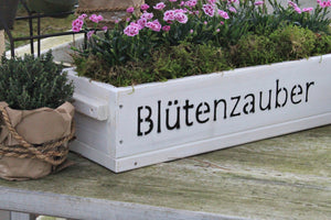 Blumenkasten " Das Original von Dekorie " aus Holz mit Schriftzug und Holz Griffen 50 - 90 cm breit / 19,5 cm tief / in Weiß