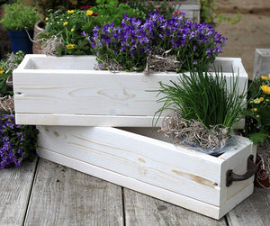 Blumenkasten aus massivem Holz in Weiß mit Metall Griffen 30 - 90 cm breit / 19,5 cm tief