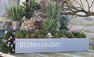 Blumenkasten " Das Original von Dekorie " aus Holz mit Schriftzug und Holz Griffen 50 - 90 cm breit / 19,5 cm tief / in grau