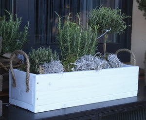 Blumenkasten " Das Original von Dekorie " aus Holz mit Leinen Griffen 30 - 90 cm breit / 19,5 cm tief / in weiß