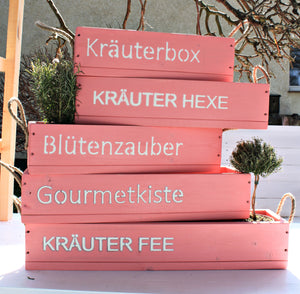 Blumenkasten " Das Original von Dekorie " aus Holz mit Schriftzug und Leinen Griffen 50 - 90 cm breit / 19,5 cm tief / in rosa / pink