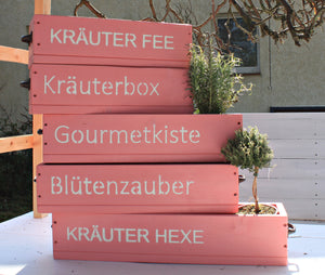 Blumenkasten " Das Original von Dekorie " aus Holz mit Schriftzug und Eisen Griffen 50 - 90 cm breit / 19,5 cm tief / in Pink / Rosa