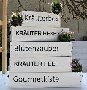 Blumenkasten " Das Original von Dekorie " aus Holz mit Schriftzug und Eisen Griffen 50 - 90 cm breit / 19,5 cm tief / in Weiß