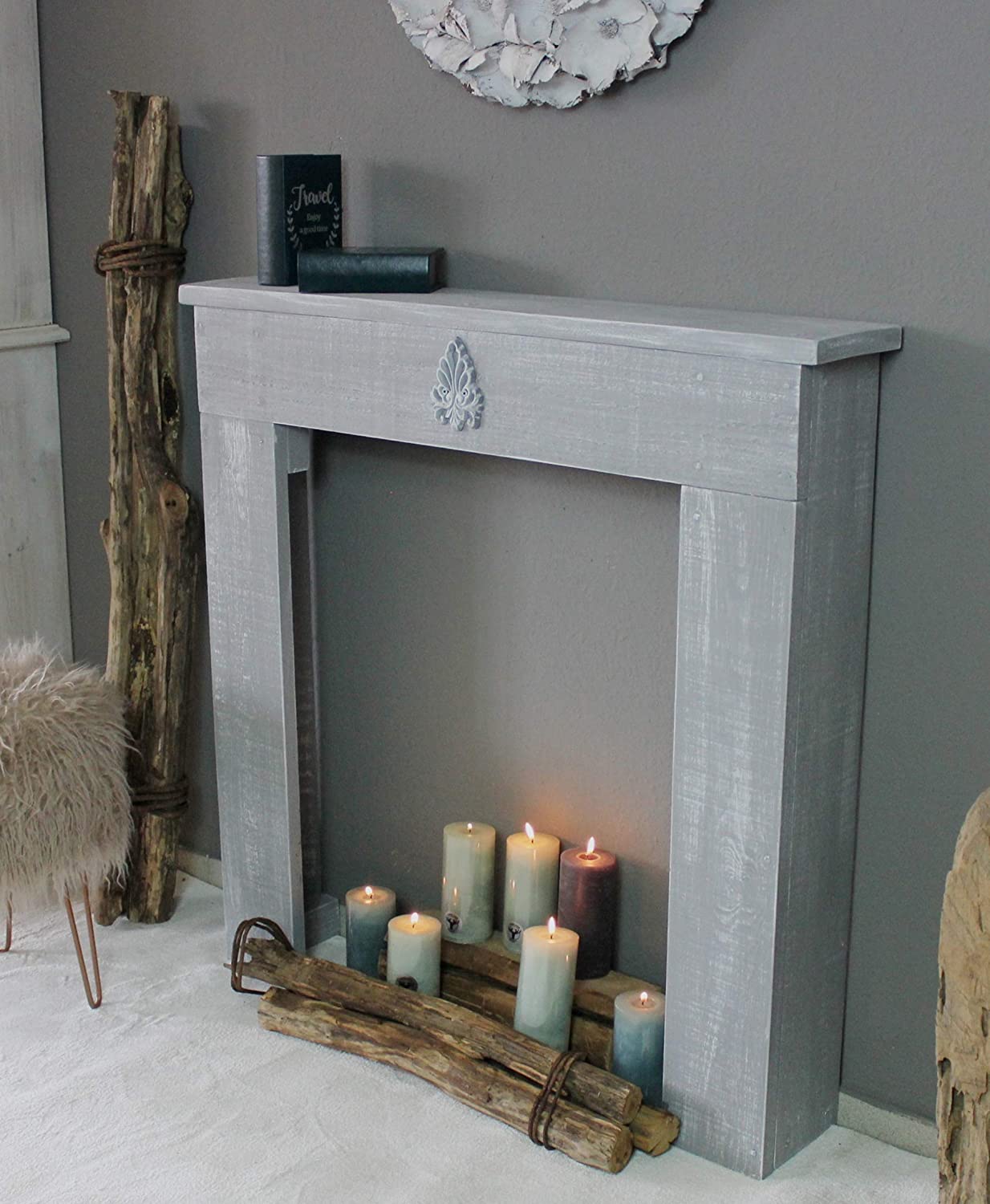 Kaminkonsole Dekokamin aus Holz Grau Shabby – Kaminsims