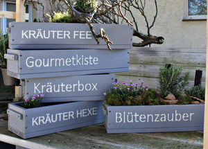 Blumenkasten " Das Original von Dekorie " aus Holz mit Schriftzug und Holz Griffen 50 - 90 cm breit / 19,5 cm tief / in grau