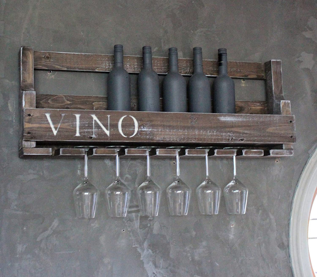 Weinregal aus Holz mit Gläserhalter mit VINO Schriftzug Braun vintage