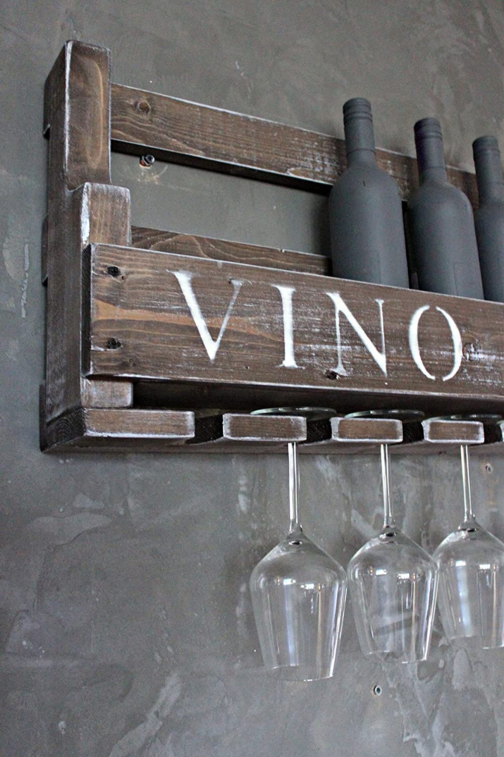 Weinregal Holz Braun mit VINO Schriftzug & Gläserhalter