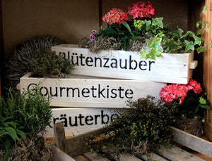 Blumenkasten aus Holz in Weiß mit Schriftzug