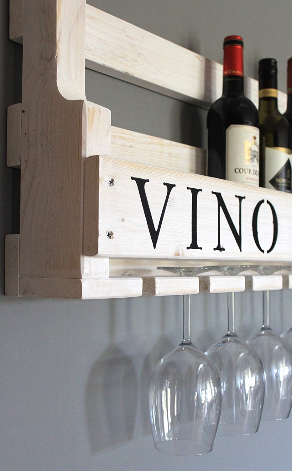Weinregal Holz Weiß mit VINO Schriftzug & Gläserhalter