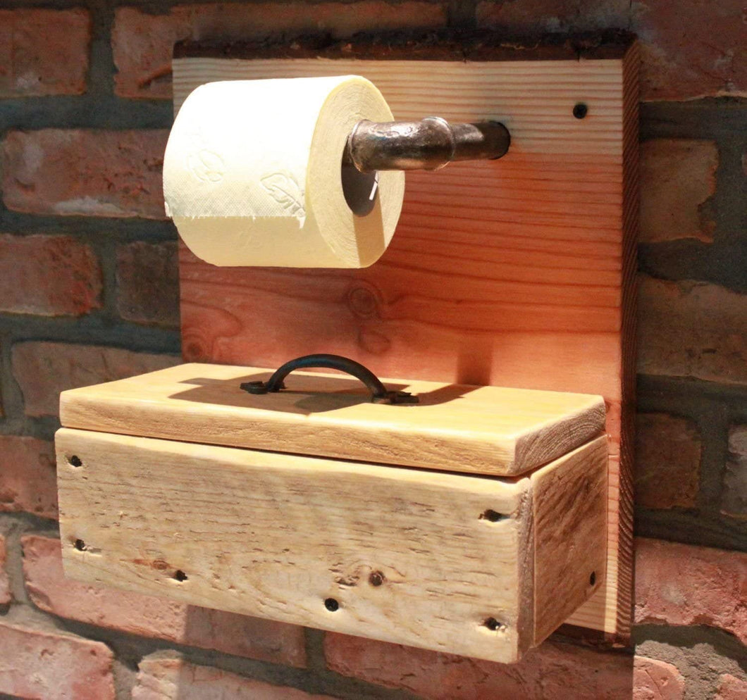 Massiver Toilettenpapierhalter aus Holz mit Ablagebox - Farbe: Natur - Klopapierrollenhalter Holz - fertig montiert - Handmade aus Norddeutschland