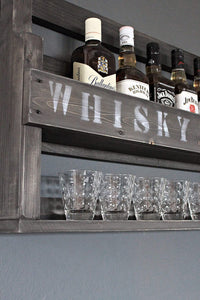 Whisky Regal aus Holz mit Gläserhalter und WHISKY Schriftzug Schwarz